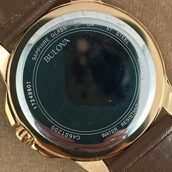 Bulova 2 Tone White Enamel and Rose Gold Crystal Dial New Brown Leather Strap - Picture 6 of 8